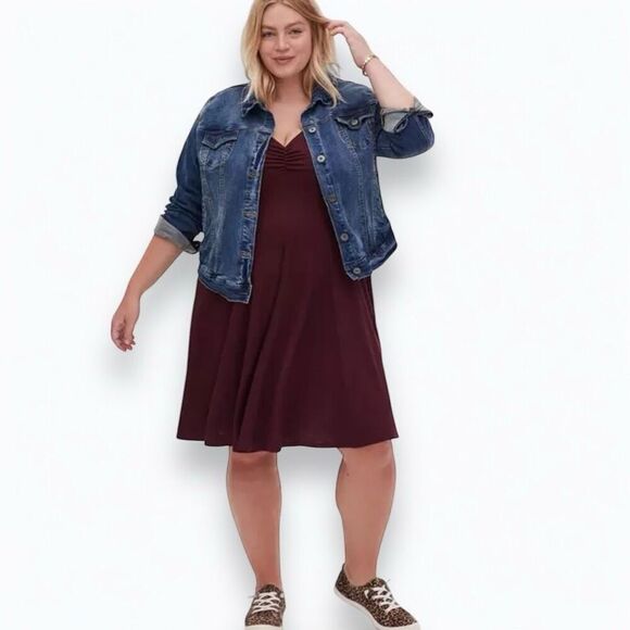Torrid Slub Rib Fluted Dress size 2 Wine - Picture 2 of 12